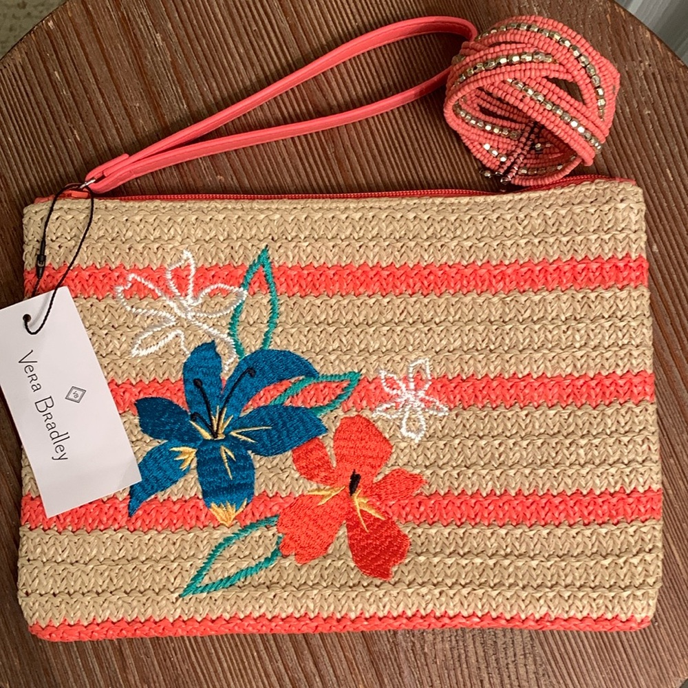 Vera Bradley Tan and Orange Pink Floral Wristlet. Comes with cute bracelet.